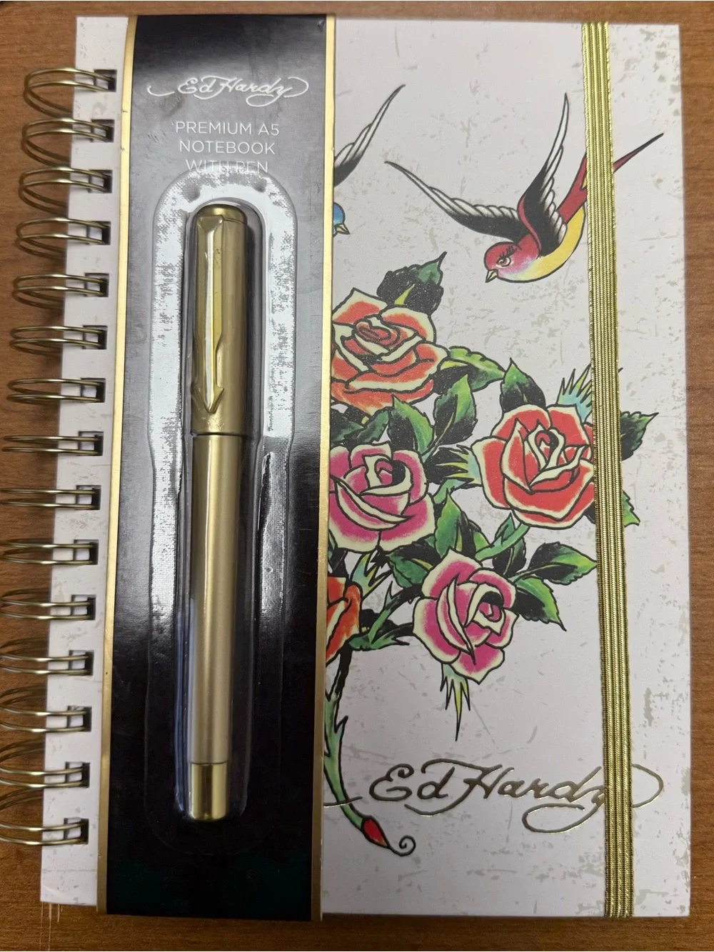 Ed Hardy White Floral A5 Spiral Notebook with Gold Pen